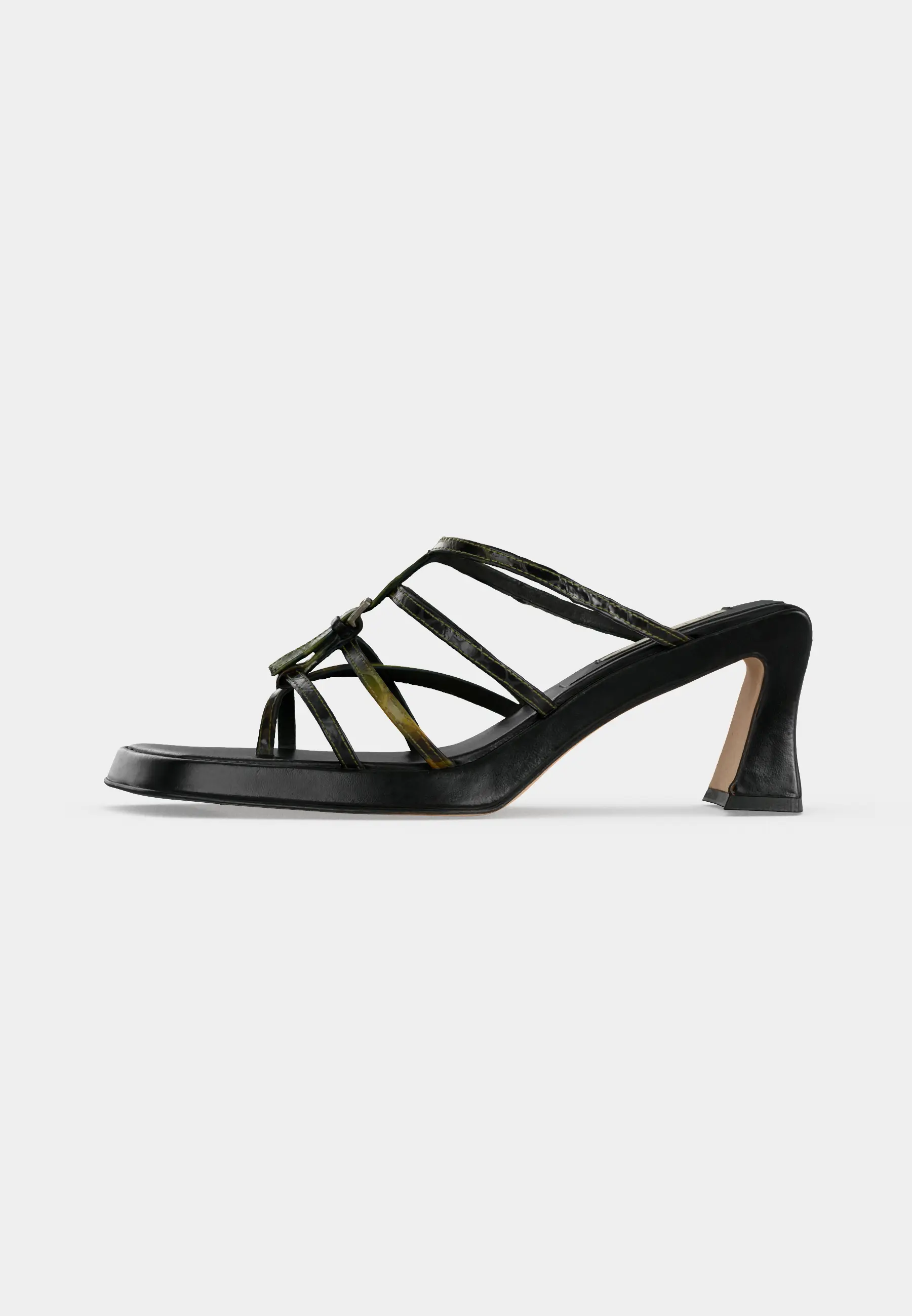 Indi Green Snake Black Strappy Sandals