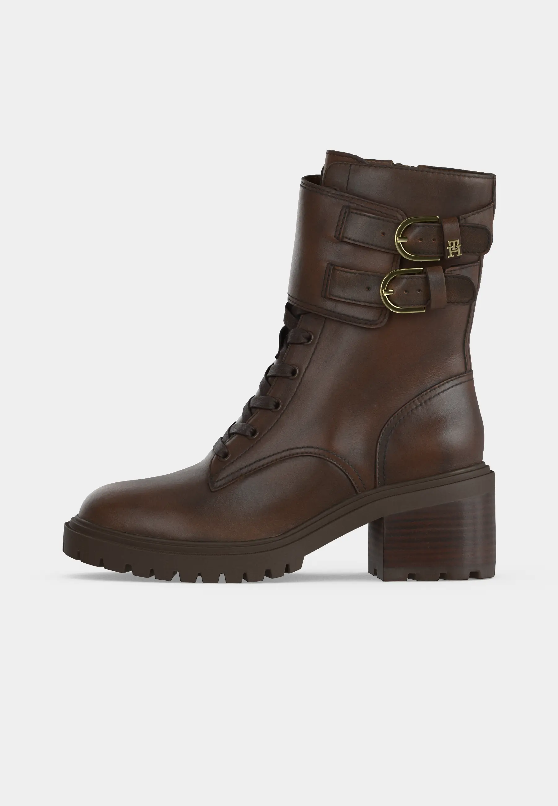 BLOCK HEEL BUCKLED LACE UP BOOT